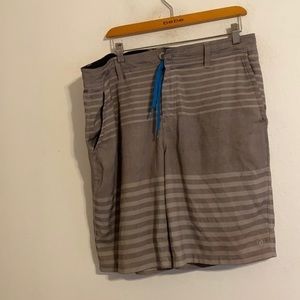 Hang Ten Gray Striped Men’s Swim Trunks with Blue Drawstring